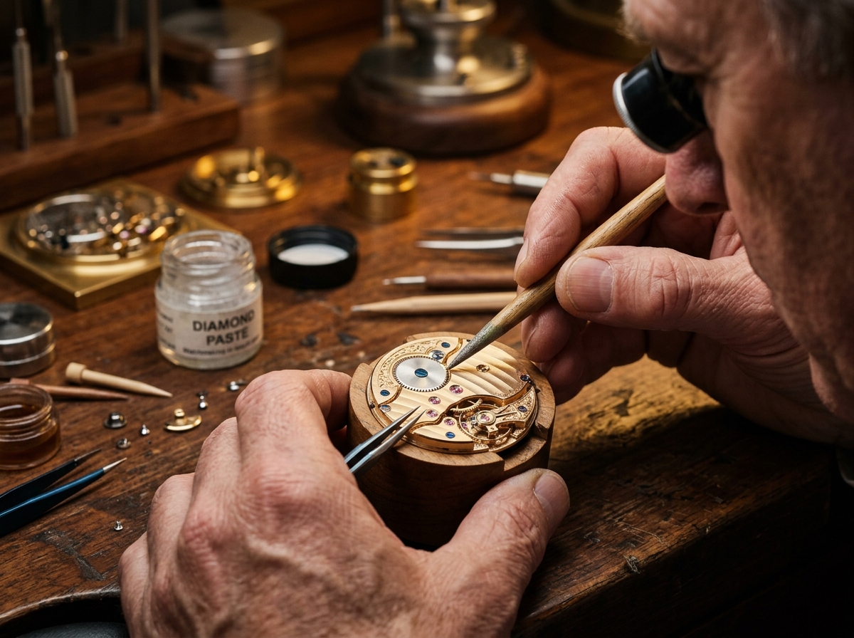 Master watchmaker hand-polishing chamfered gold watch bridge